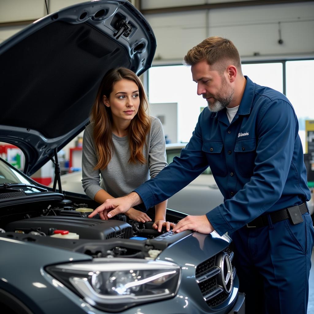 Customer discussing car repairs with mechanic