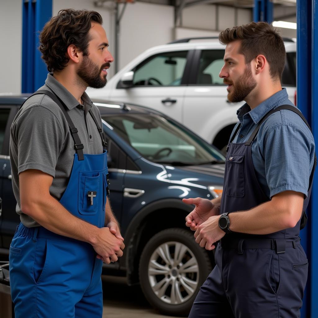 A customer discusses car repair options with a knowledgeable mechanic.