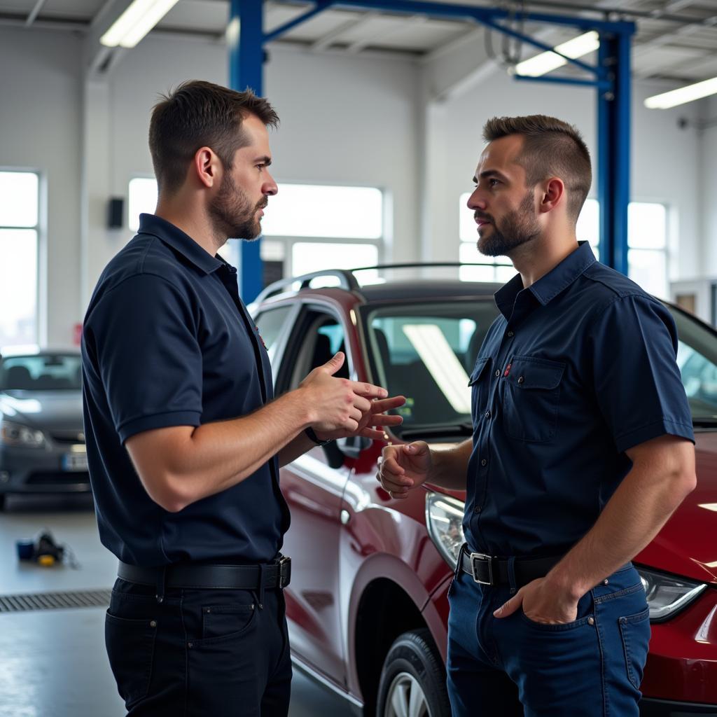 Customer Talking to Mechanic in Auto Service Center