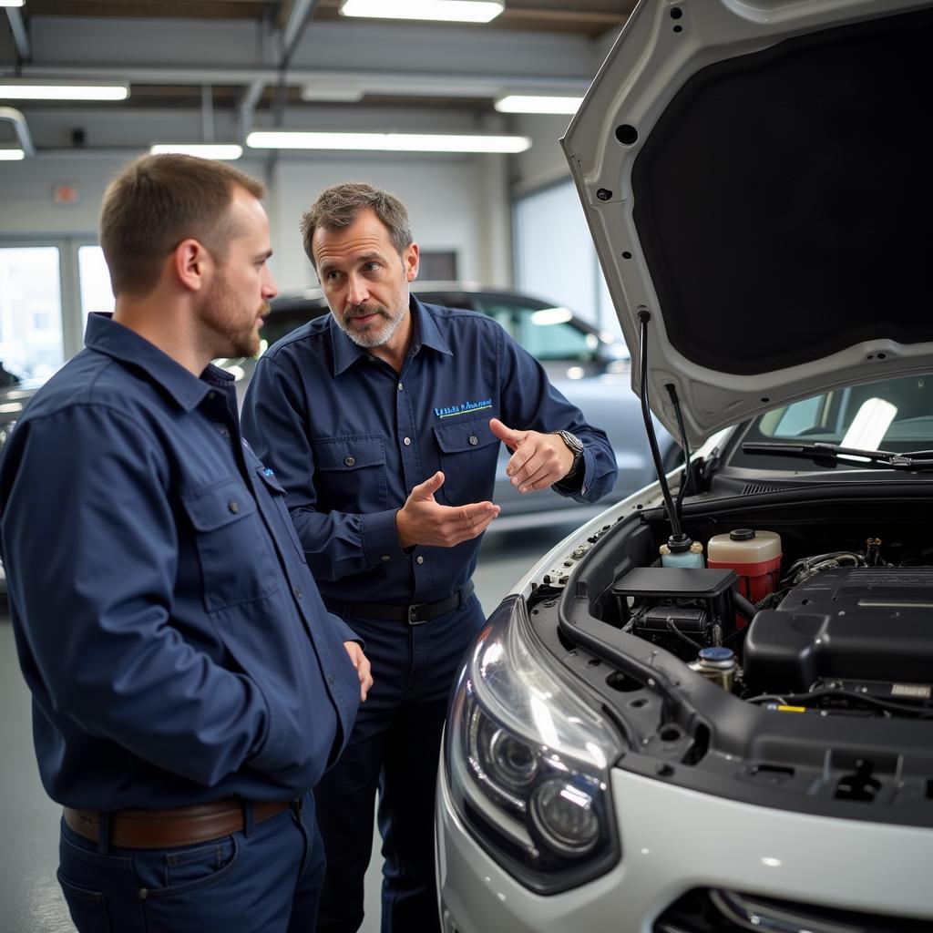 Customer Discussing Car Repair Options with a Mechanic in a Luxembourg Auto Service