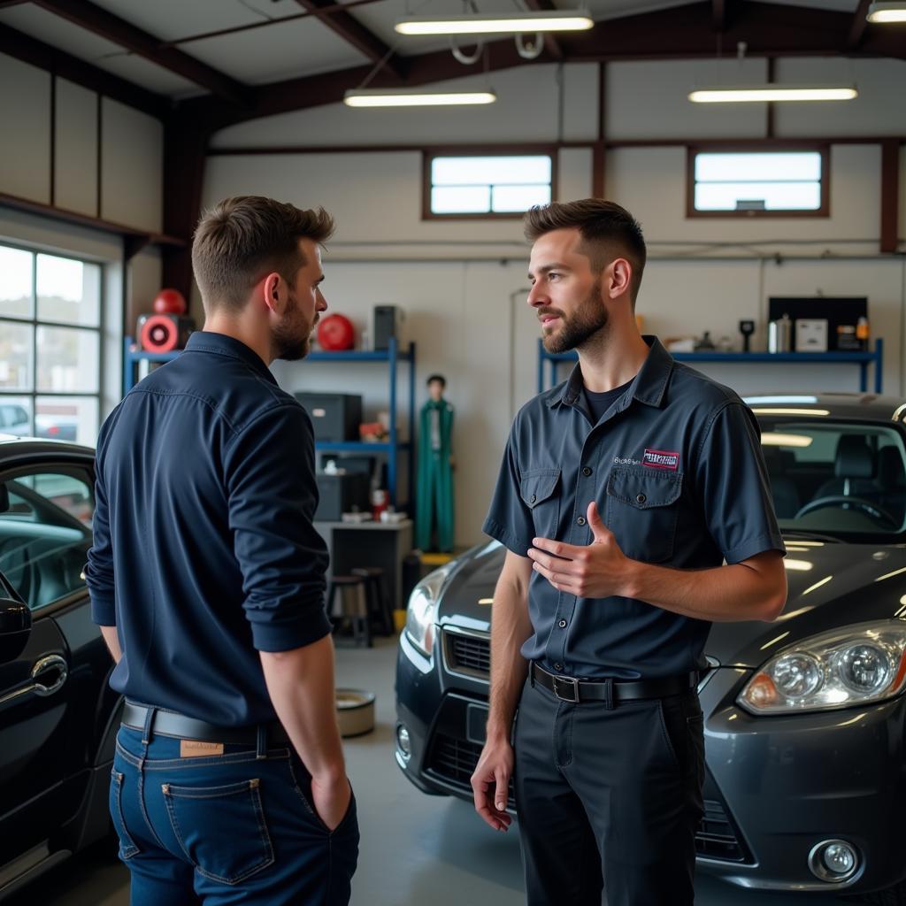 A customer talking to a mechanic in a clean and organized auto repair shop.