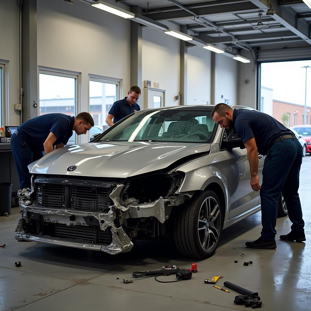 Damaged Car Being Repaired in Collision Center