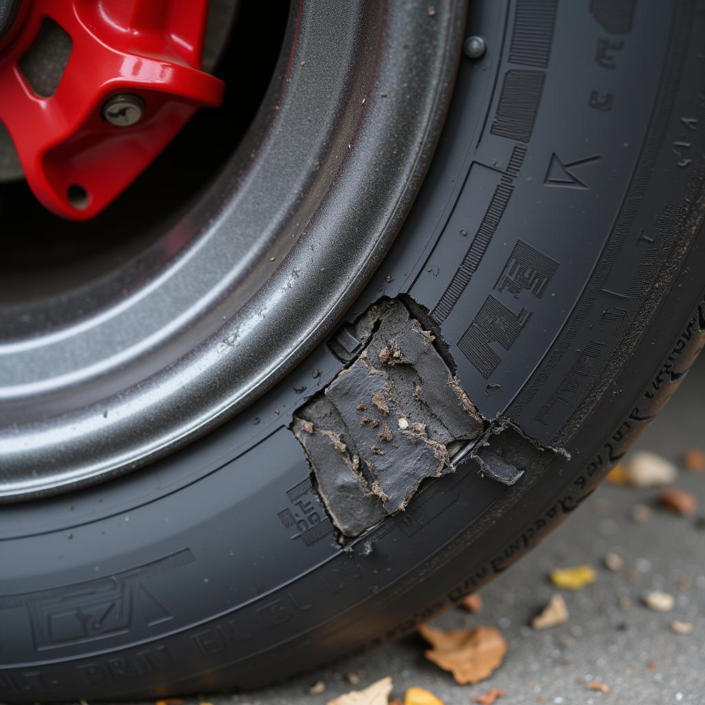 Close-Up of Damaged Tire Sidewall with Visible Bulge and Cracks