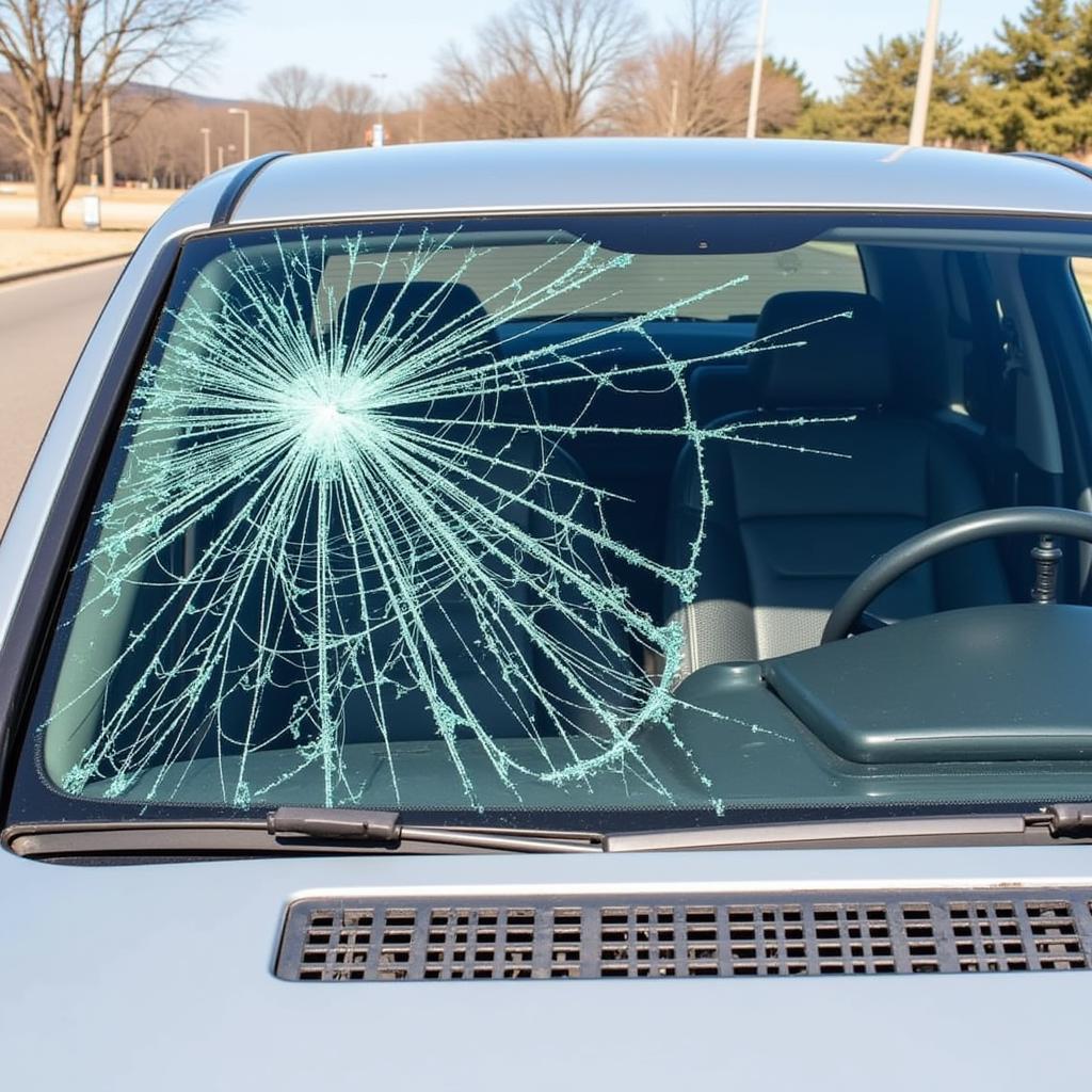 Damaged windshield requiring replacement