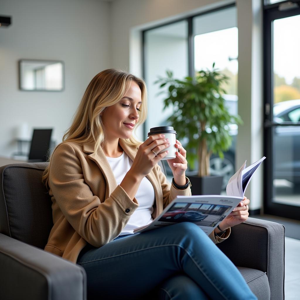 Customer enjoying coffee at a car dealership