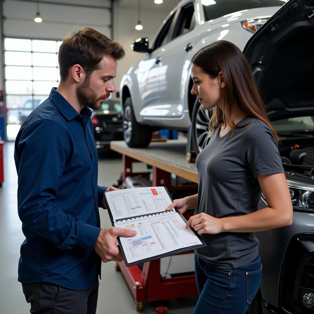 A car owner's manual open to the maintenance schedule page, highlighting key service intervals.