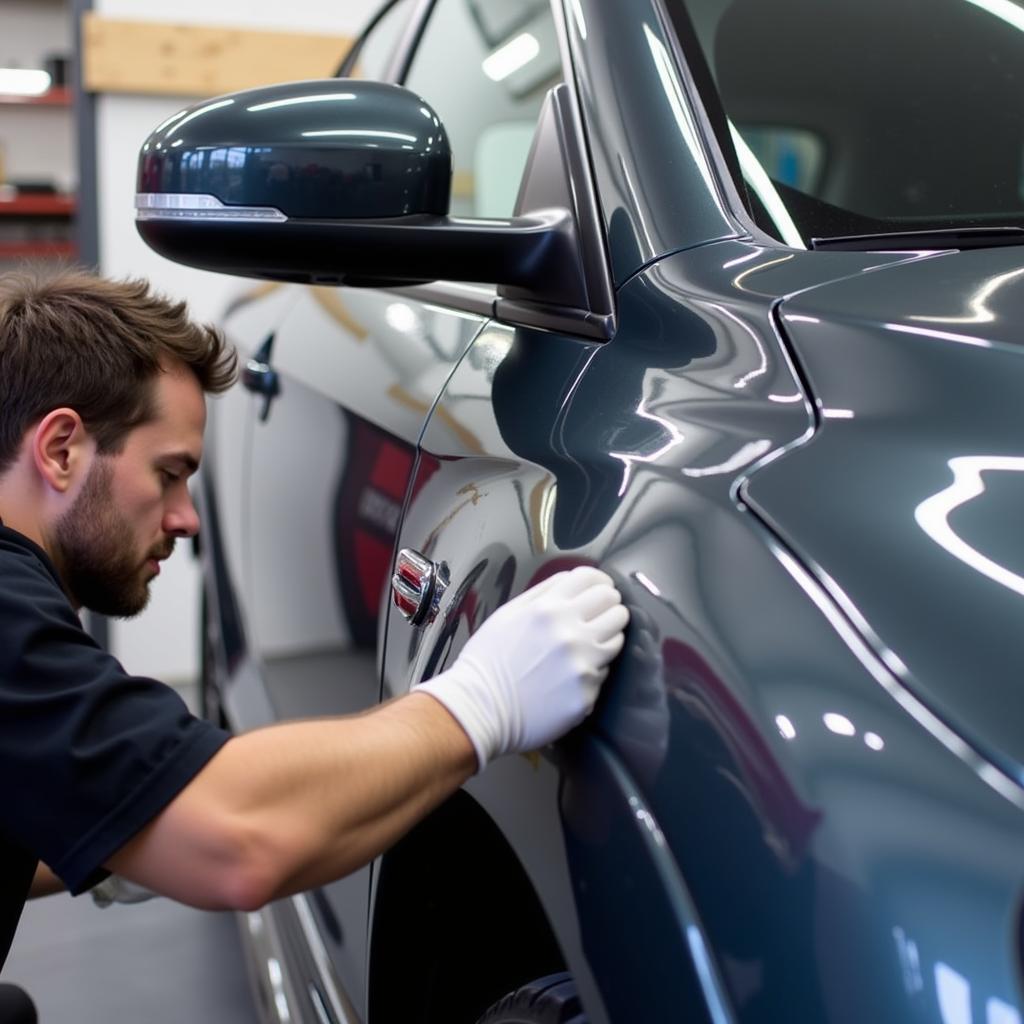 Applying ceramic coating to a car at a Denver detailing service