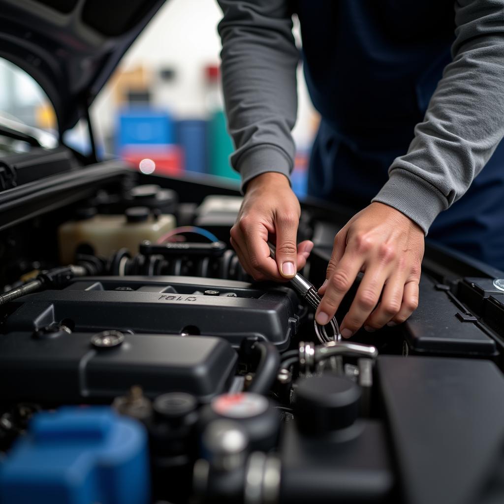 A mechanic working diligently on a car in Denver