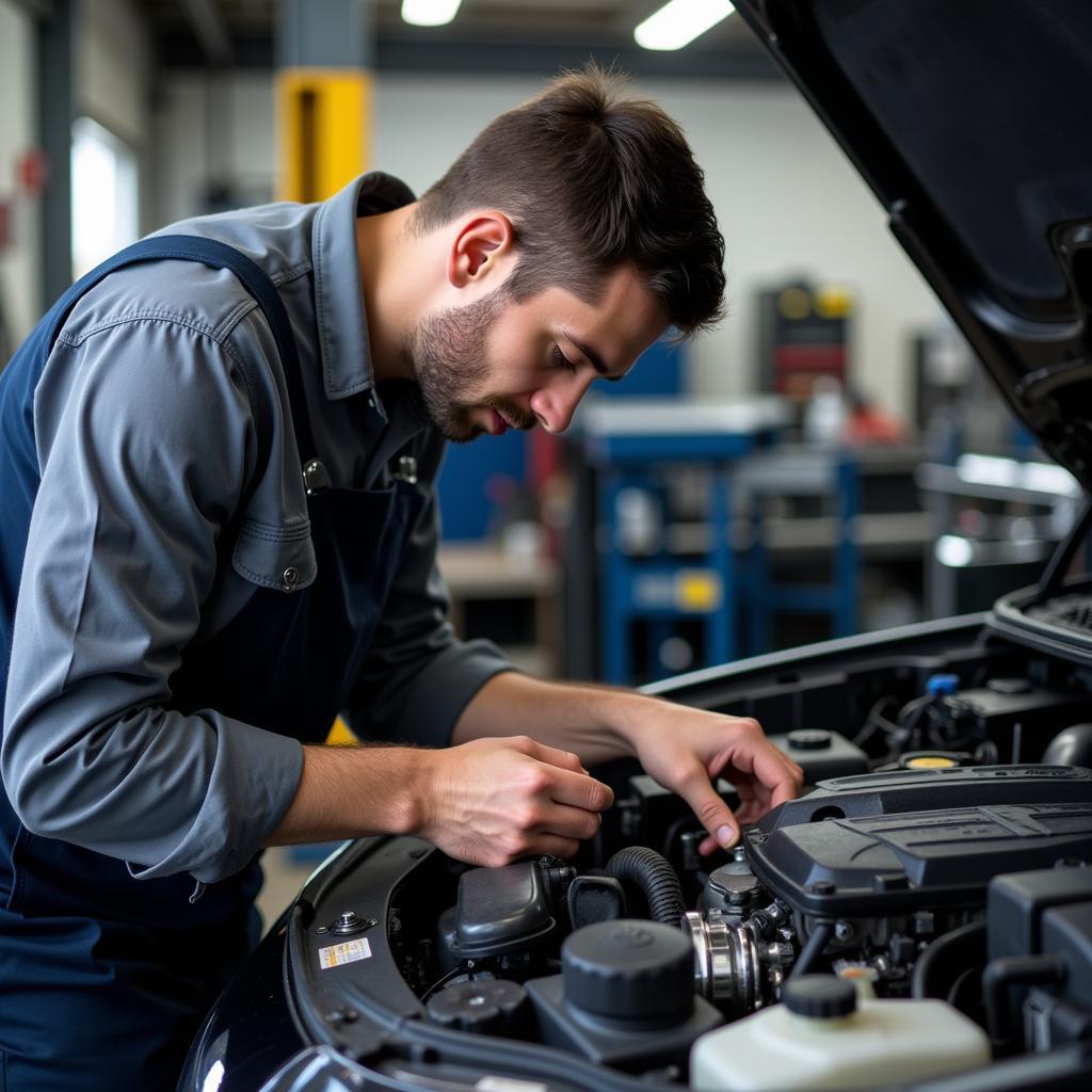 Denver auto repair shop technician diligently working on a car engine