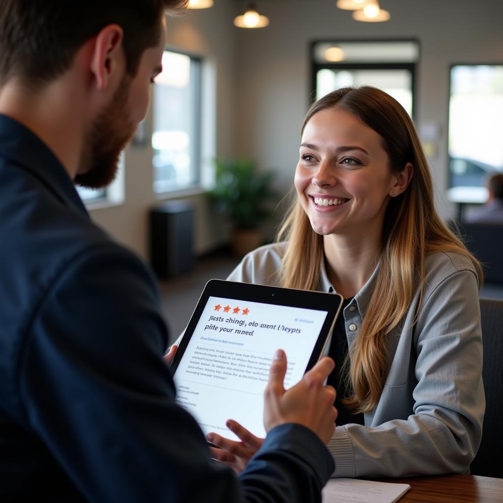 Denver Auto Service Customer Leaving a Positive Review on a Tablet