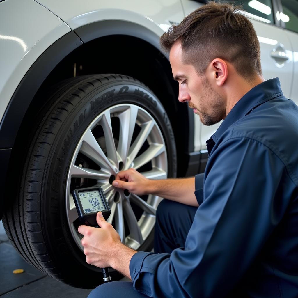 Denver Auto Service Technician Checking Nitrogen Tire Pressure