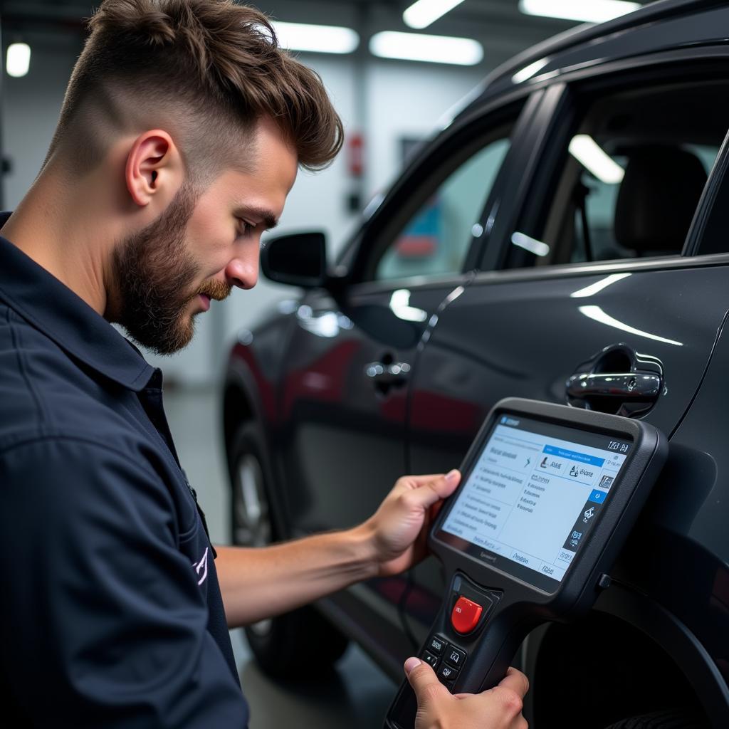 DeVoss Auto Service Technician Using Diagnostic Tool