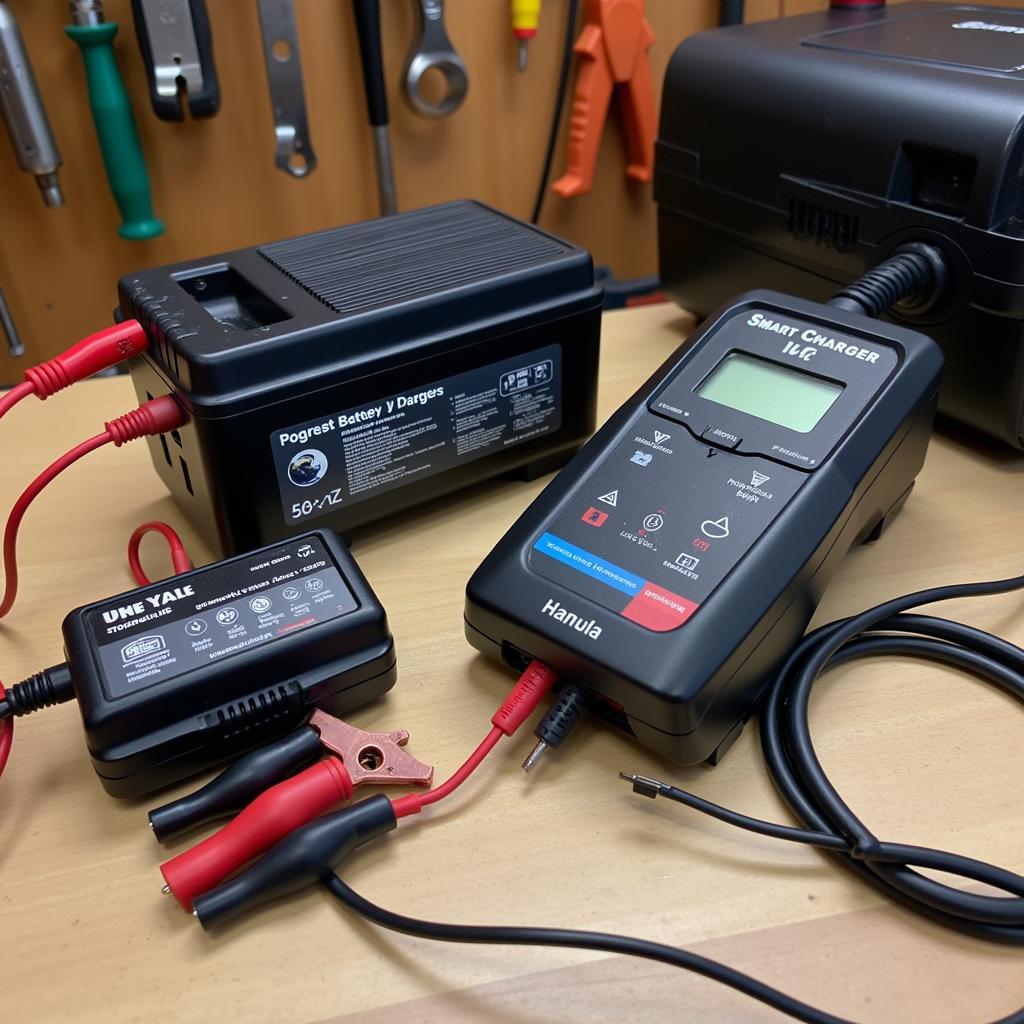 Trickle chargers, smart chargers, and rapid chargers displayed on a workbench.