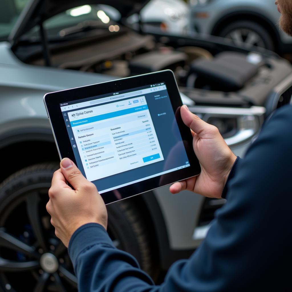 Mechanic Using a Tablet to Show a Digital Auto Repair Service Sheet