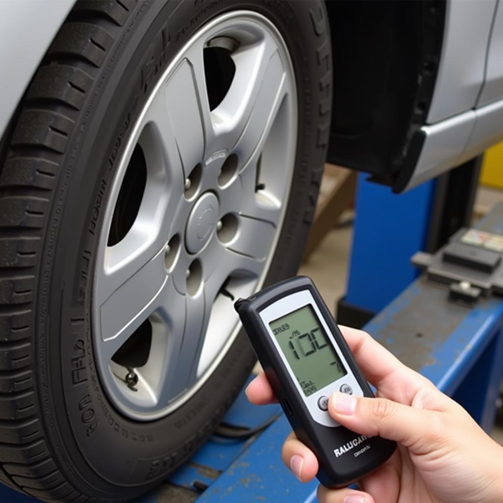 Digital Tire Tread Depth Gauge in Use on Car Tire