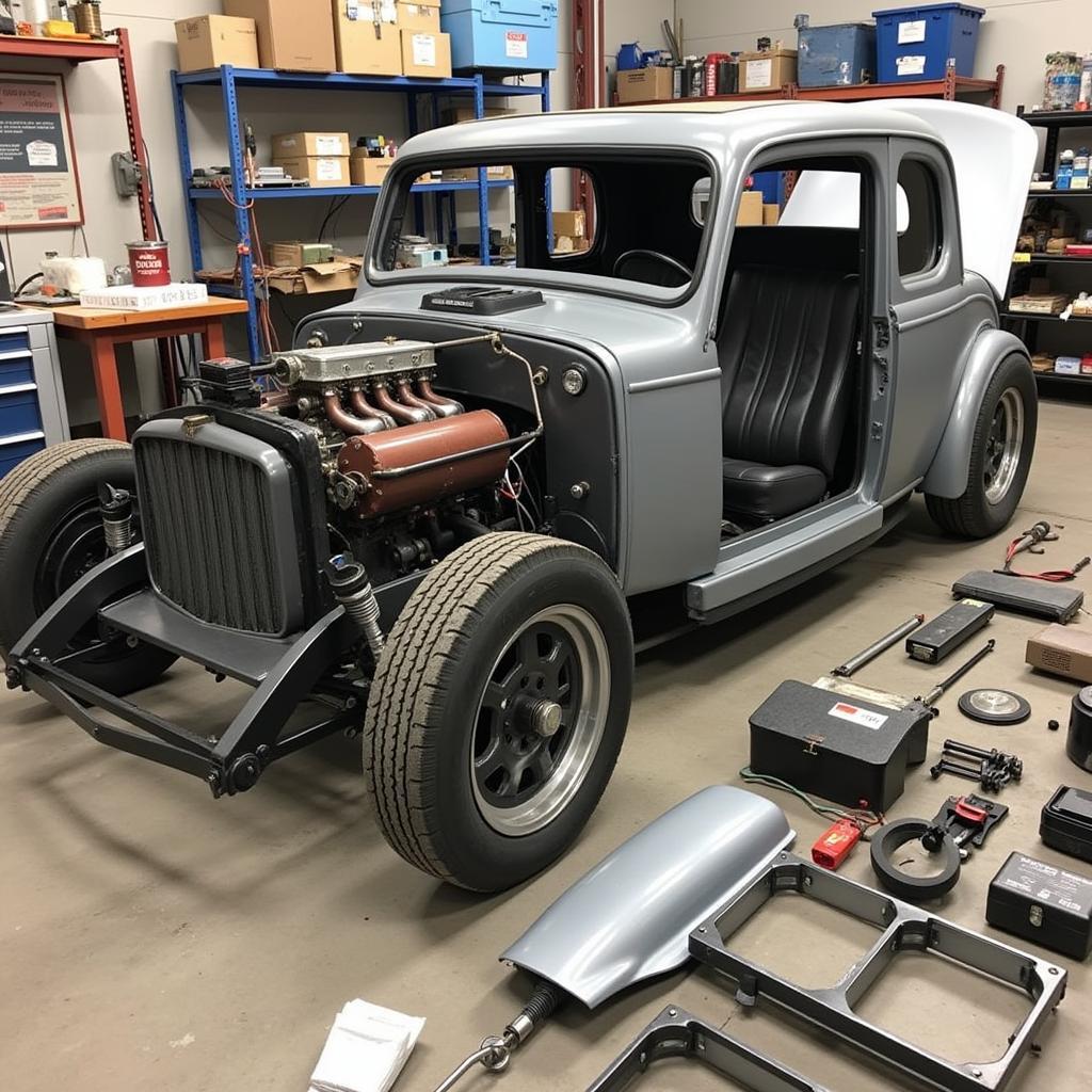 Disassembled Classic Car Undergoing Restoration