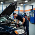 Dix Hills Auto Repair Shop: A mechanic working on a car engine in a well-equipped auto repair shop in Dix Hills.