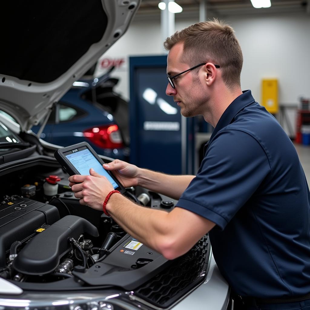 DJS Auto Service Technician performing diagnostics on a modern vehicle.