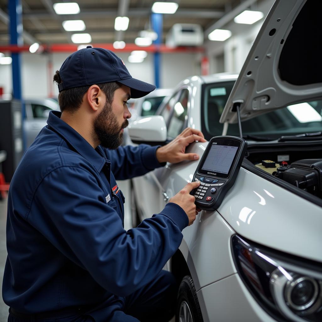 Mechanic working on a car in a DP auto service DC shop