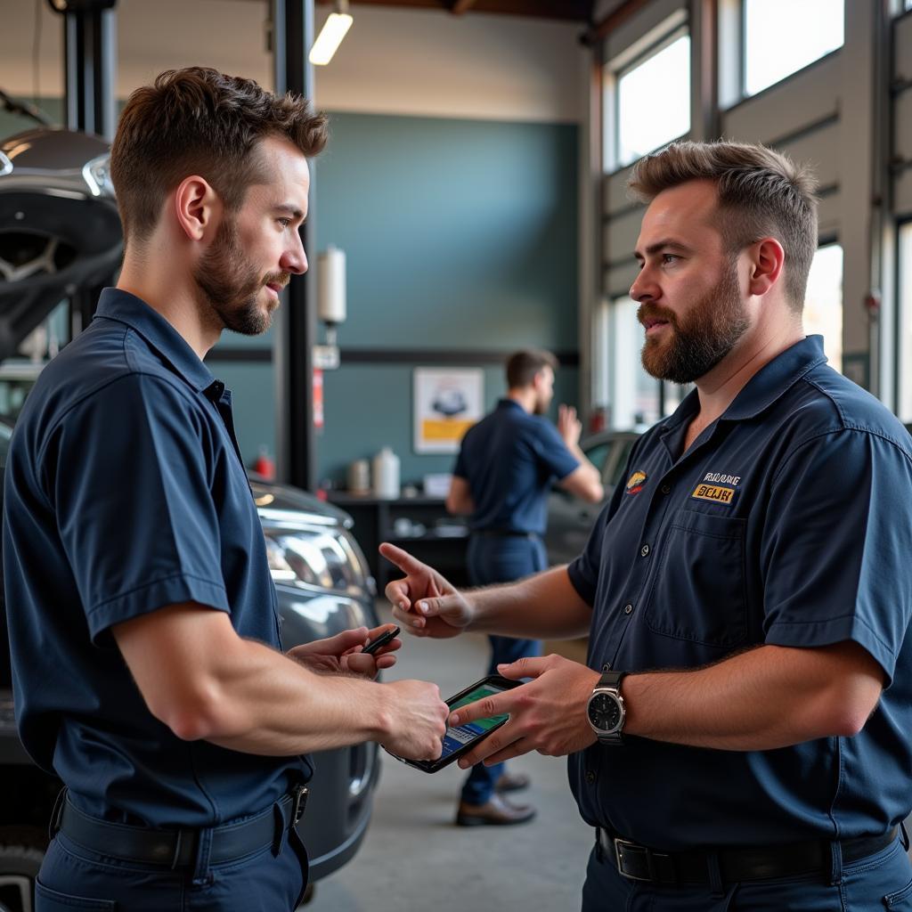 Customer Consulting with Mechanic in East Sacramento Auto Service Shop