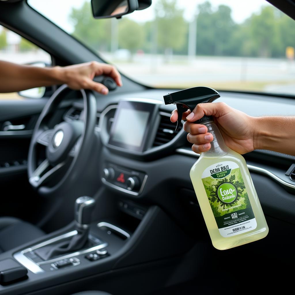 Technician using eco-friendly cleaning products during a mobile detailing service