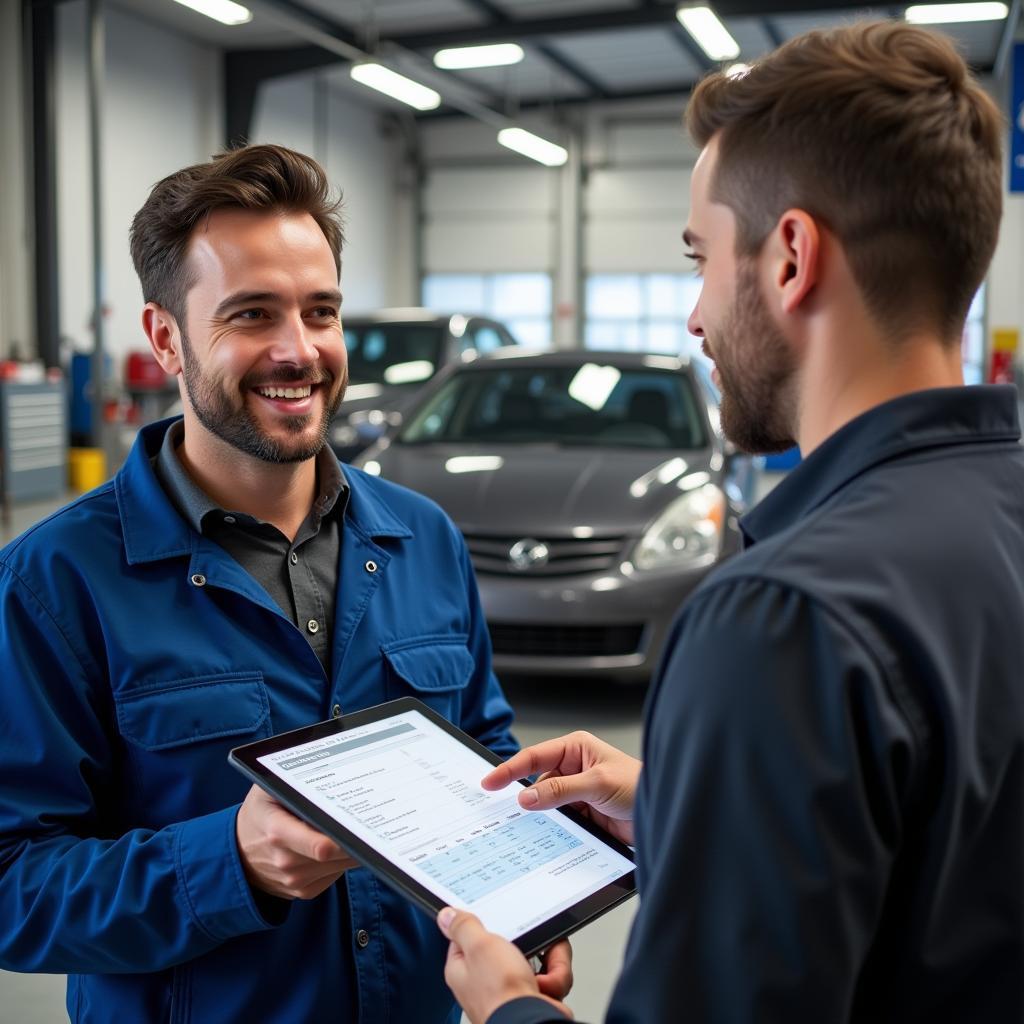 An Edmonton auto service advisor discussing repair options with a client