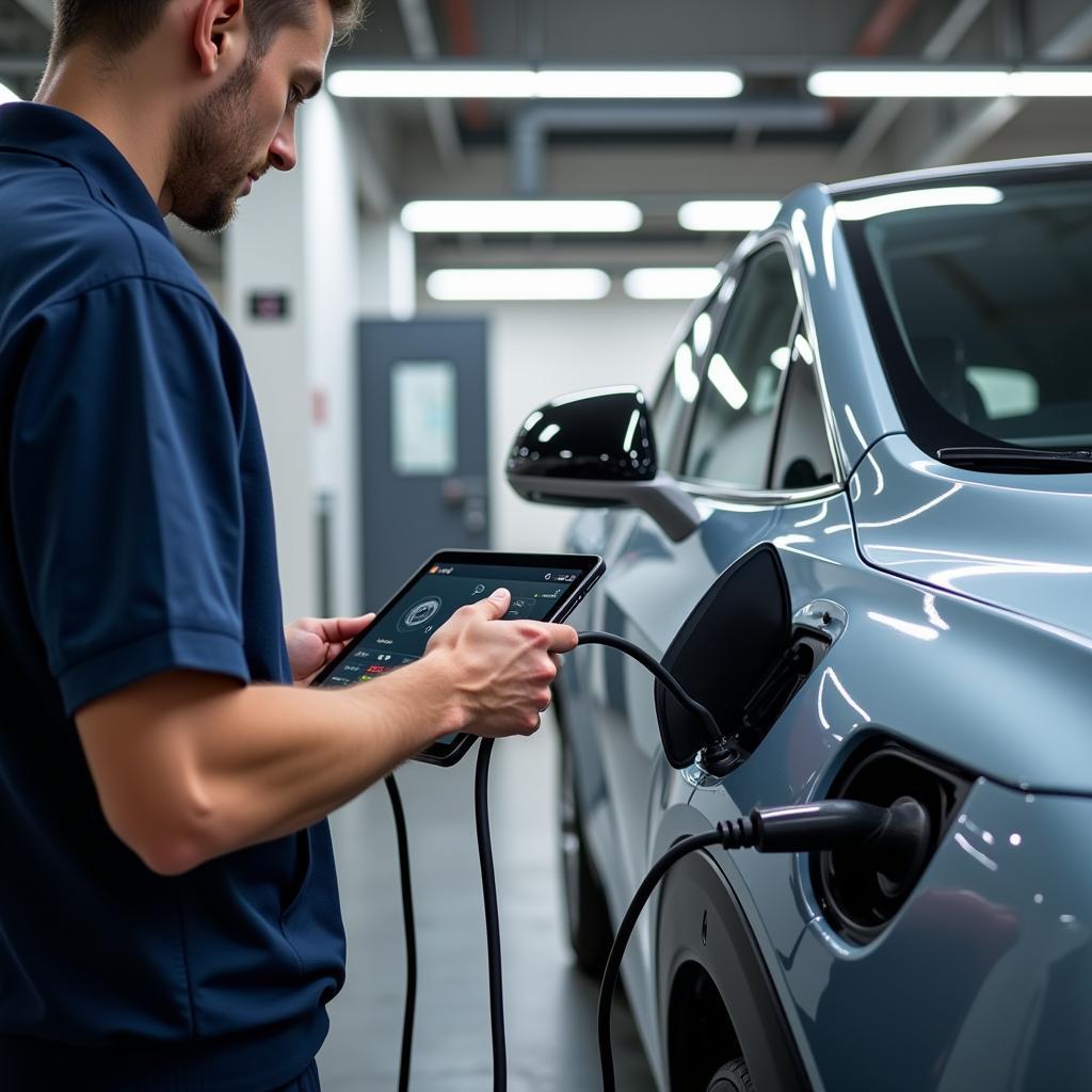 Electric Vehicle Charging Station with Technician Performing Diagnostics