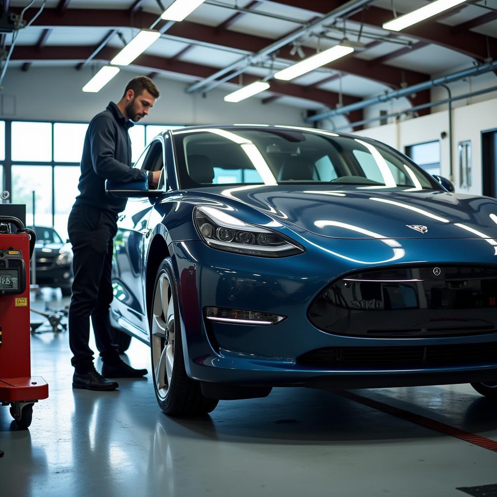 Electric Vehicle Being Serviced at a Southlawn Auto Service Center