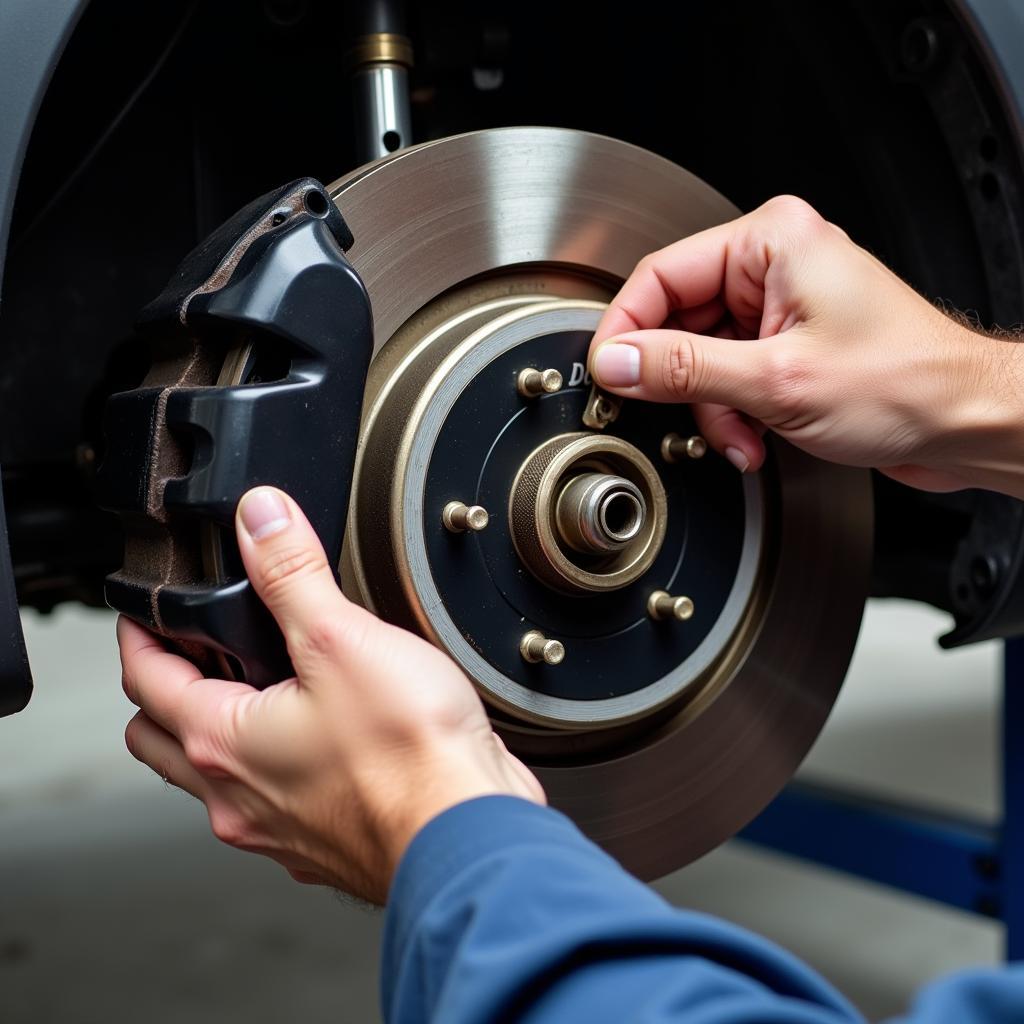 Mechanic inspecting brakes in Elgin, IL auto service shop