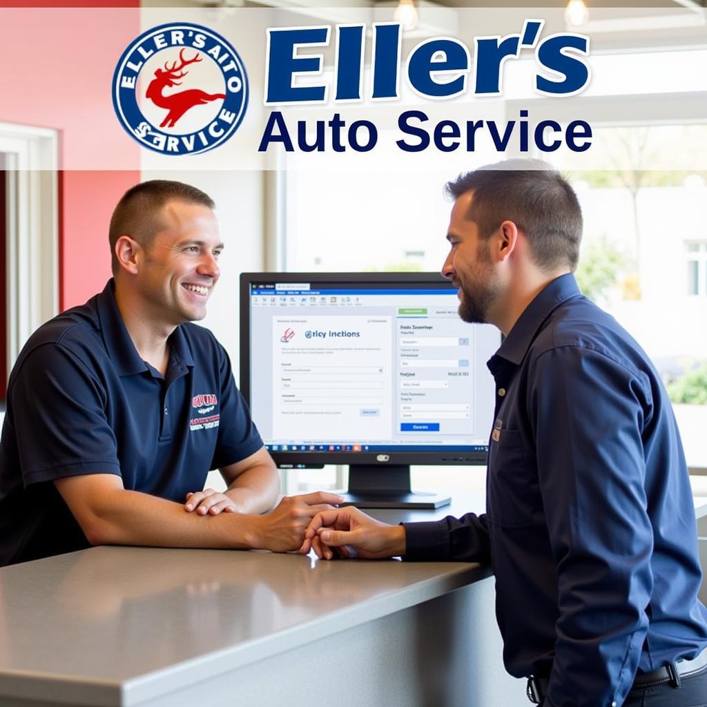 Customer discussing car repair with a service advisor at Eller's Auto Service