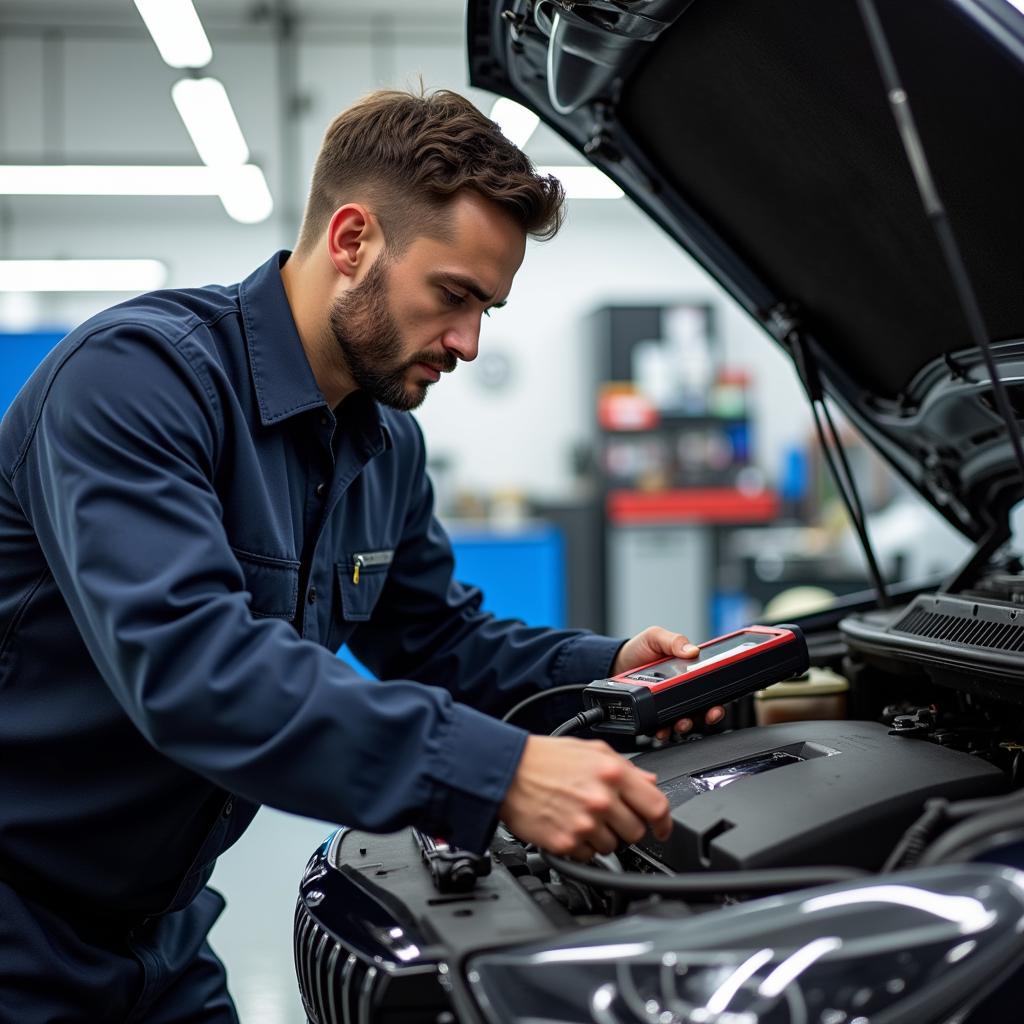 Experienced technician performing diagnostic checks on a vehicle at an Eller's auto service center