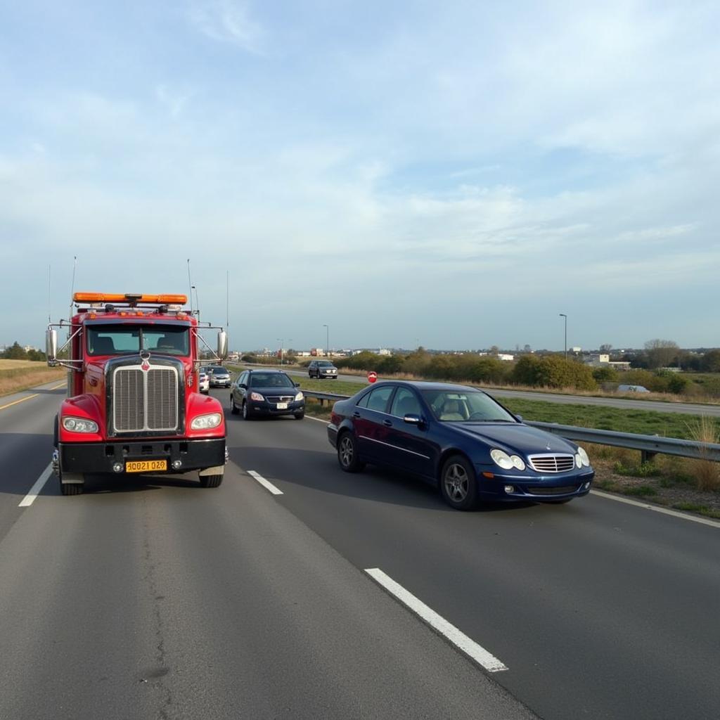 Tow truck assisting a stranded vehicle on the highway