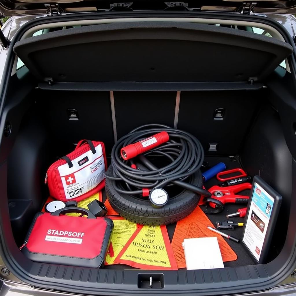 Emergency Roadside Kit in a Car Trunk