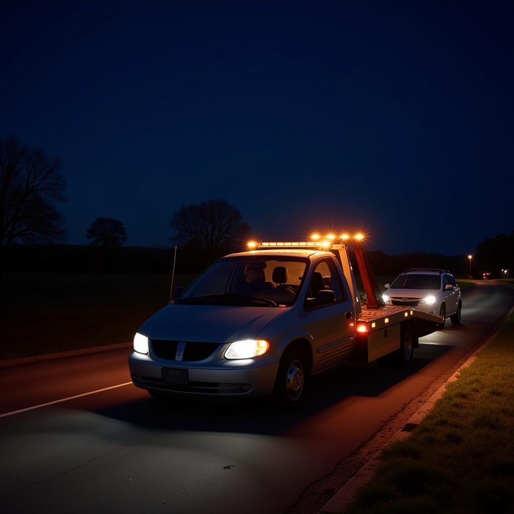 Emergency tow truck arriving at a breakdown scene at night