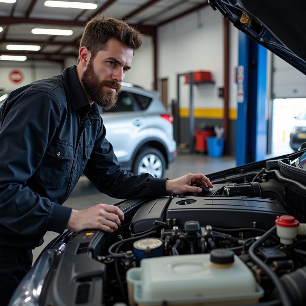 Mechanic working on a car in an auto service center in Eugene