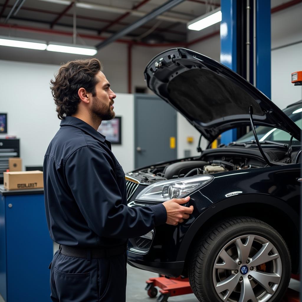 Mechanic working on a car in a Eugene OR auto repair shop