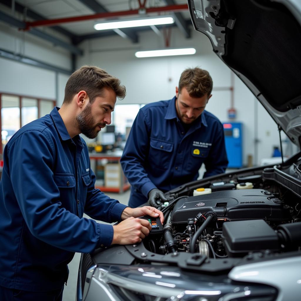 Experienced Technicians Working on a Car Engine