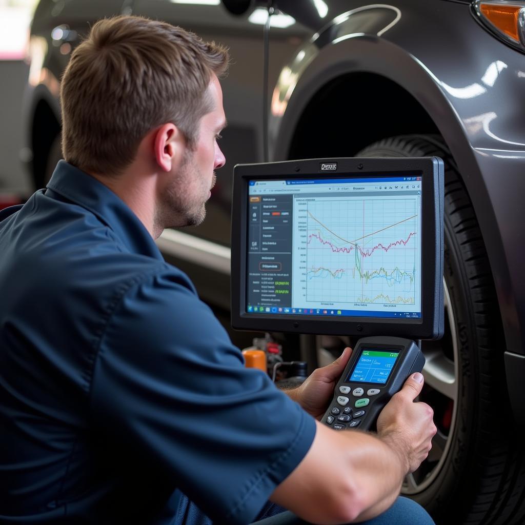 Expert Technician Diagnosing Car with Computer