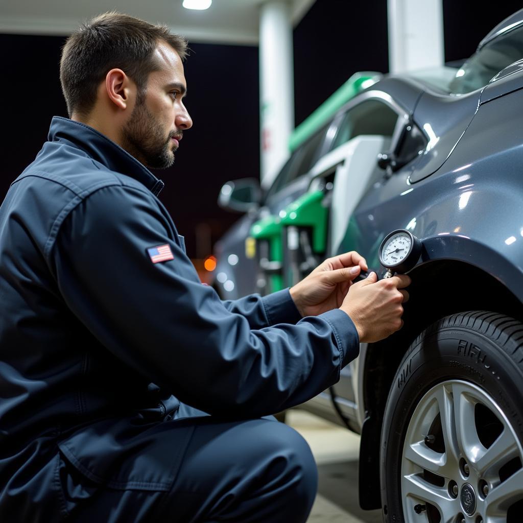 Technician checking tire pressure at an express gas station.