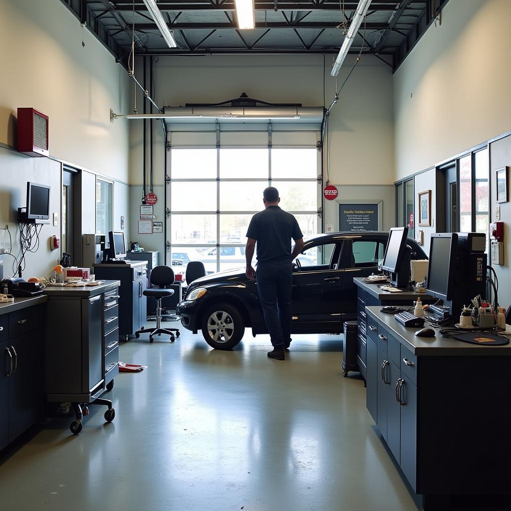 Modern auto repair shop in Falcon Heights with diagnostic equipment.