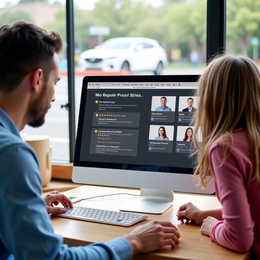 Family researching auto repair shops on a computer