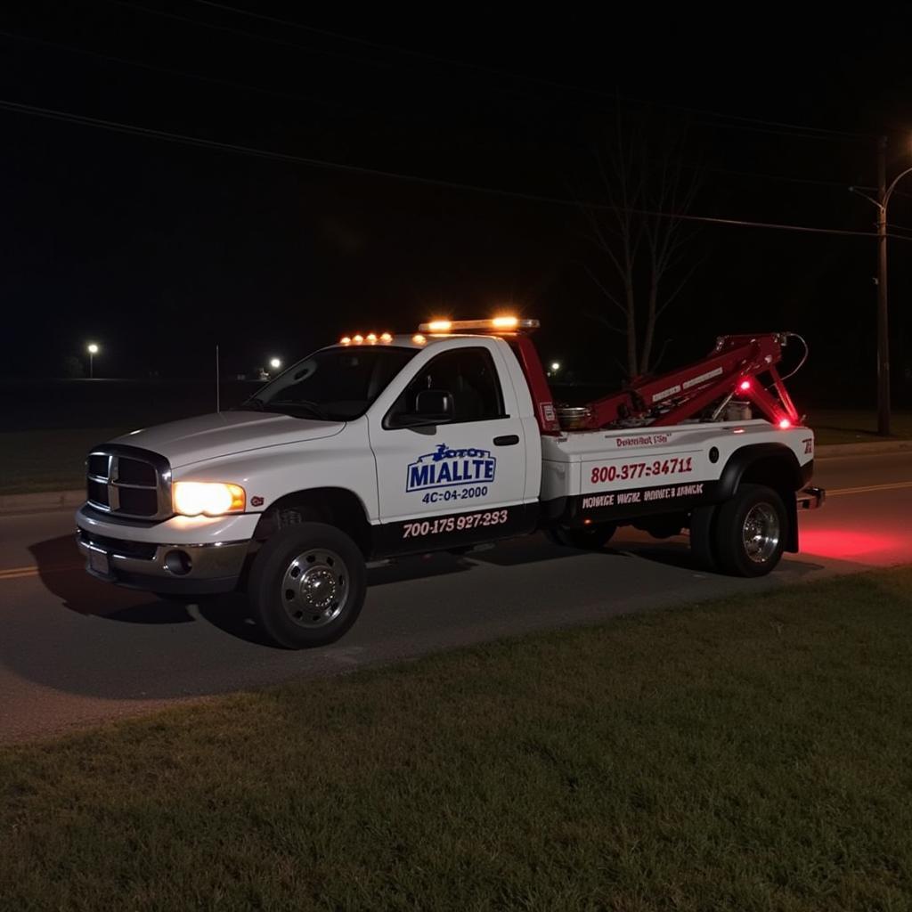 A tow truck with the branding of a 24/7 auto lockout service in Fayetteville, AR, parked on the side of a road at night.