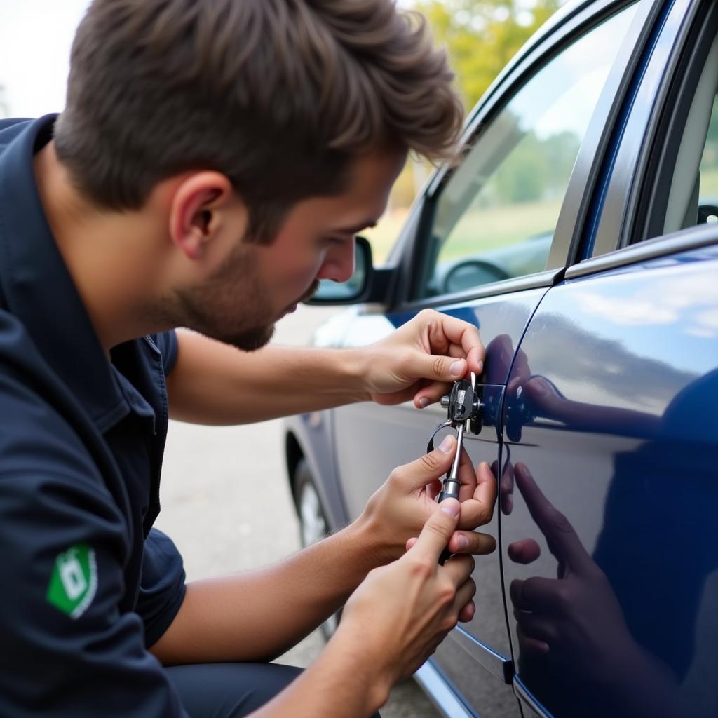 Fayetteville AR auto lockout service technician using specialized tools to unlock a car door.