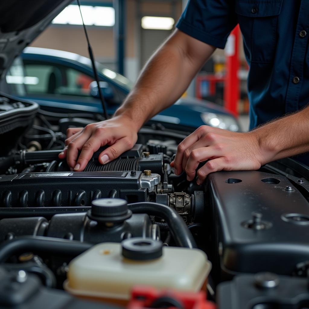 Mechanic performing engine maintenance in a Fayetteville NC auto service shop