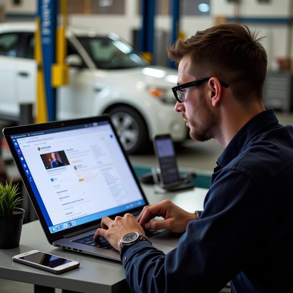 A customer reading online reviews on a laptop