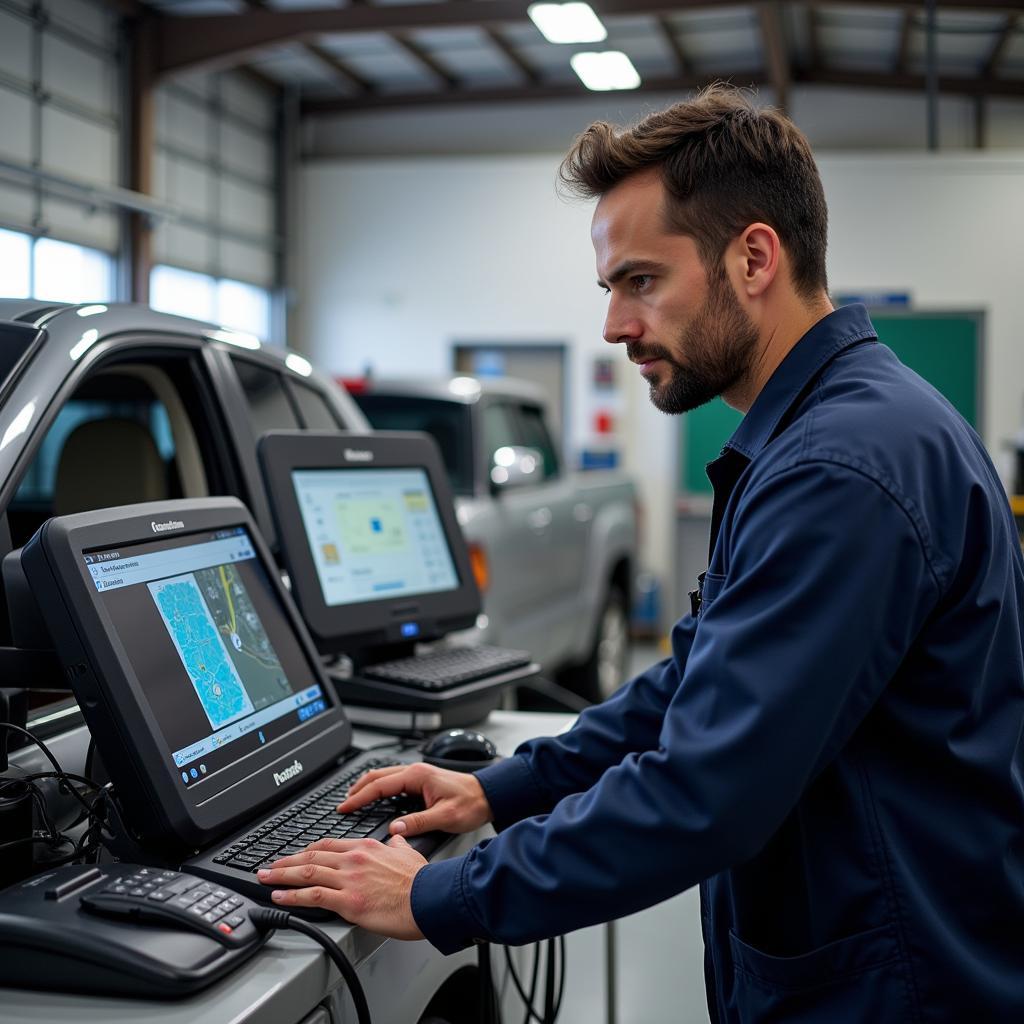 Skilled technician using diagnostic equipment on a modern vehicle