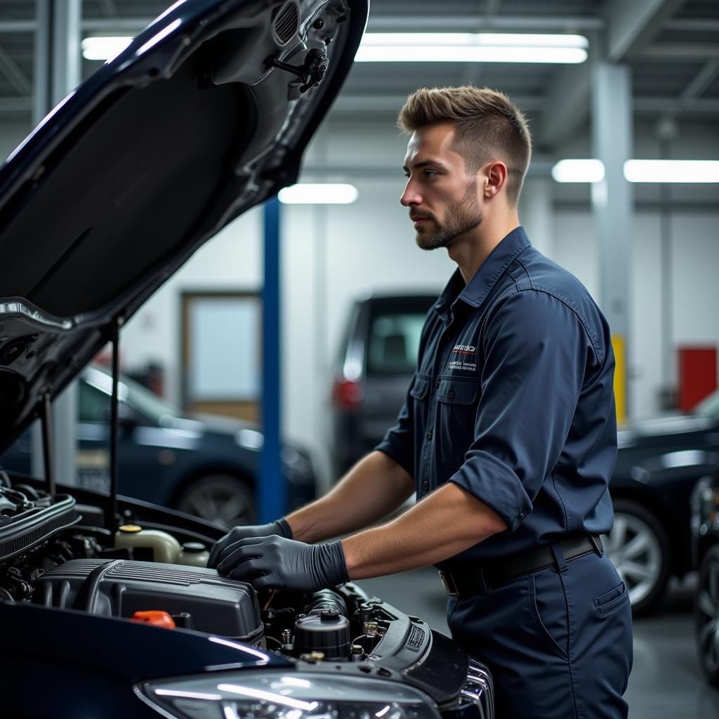 Five Star Auto Service Technician Working on Engine