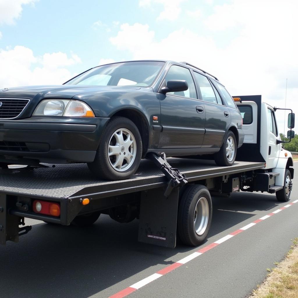 Flatbed Tow Truck Securely Transporting a Car