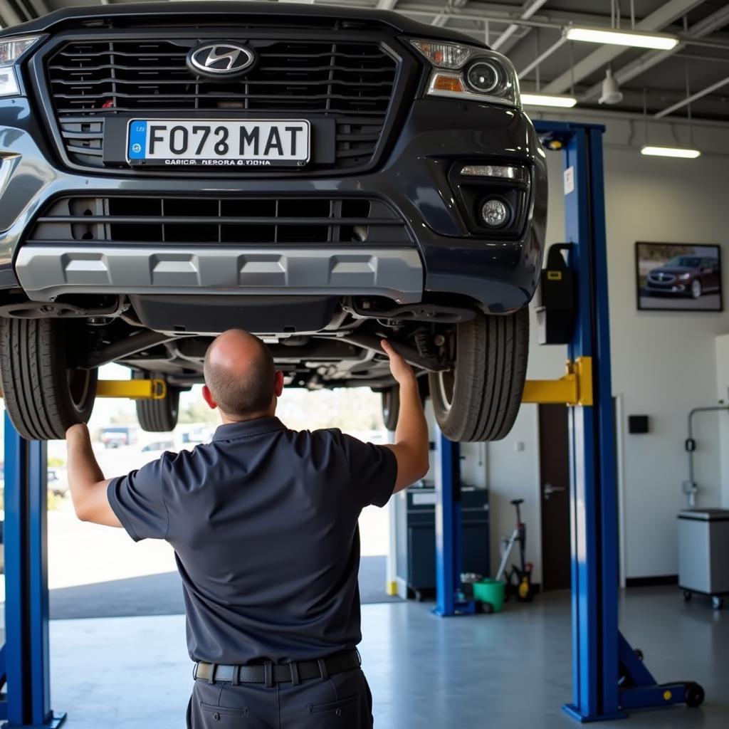 Car on a Lift Undergoing Inspection at a Fontana Auto Service Center