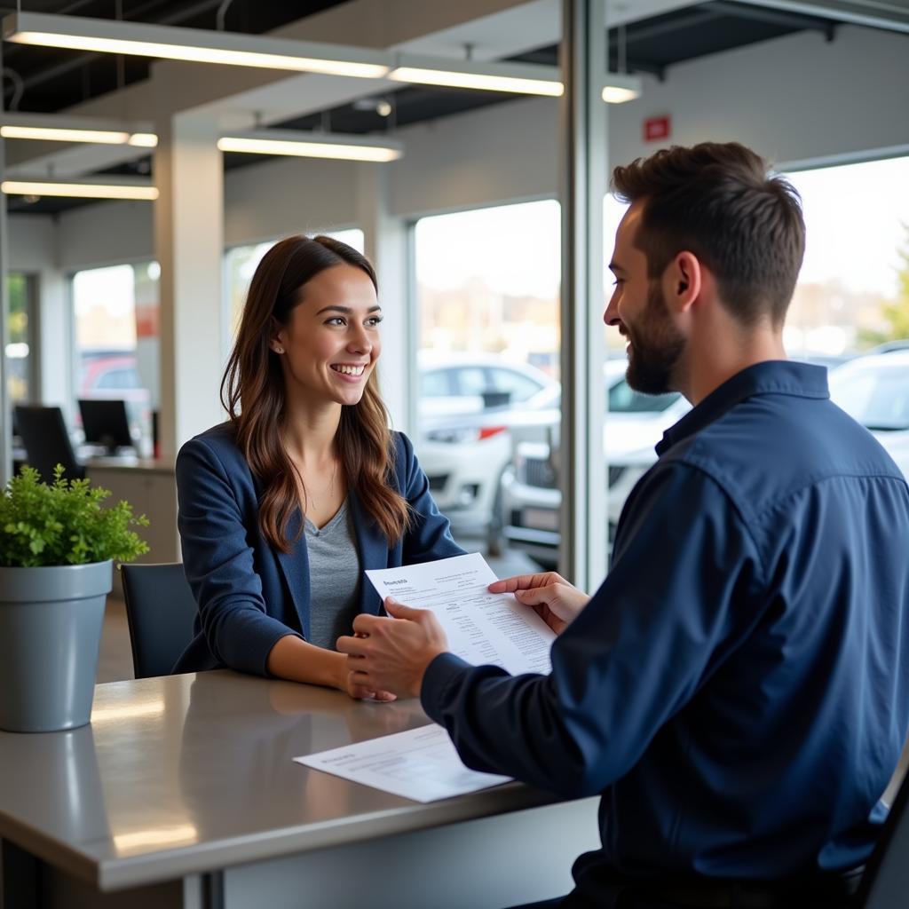 Customer Consulting with a Service Advisor at a Fontana Auto Service Center